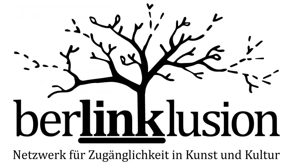 Logo Berlinklusion Logo Berlinklusion: In der unteren Bildhälfte steht der Schriftzug Berlinklusion Netzwerk für Zugänglichkeit in Kunst und Kultur. Aus dem Buchstaben K wächst ein Baum, das Wort "Link" in Berlinklusion ist unterstrichen.