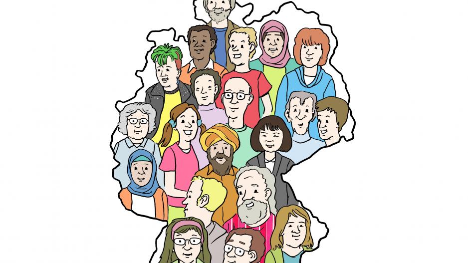 Deutschlands Gesellschaft ist divers Umriss von Deutschland. Innerhalb des Umrisses sind die Köpfe einer vielfältigen Gesellschaftsgruppe zu sehen