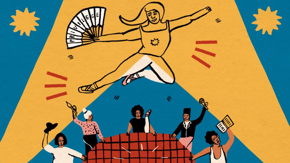 Marginalisierung Fünf Personen unterstützen eine Person dabei, mit einem Sprungtuch in die Luft zu springen. Die Person, die in die Luft springen kann, trägt klassische Ballettschuhe und einen Fächer, auf dem Privileg steht.